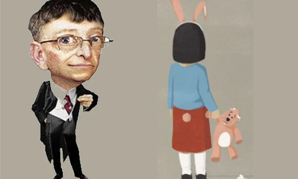 Illustration of Bill Gates standing beside a child holding a teddy bear