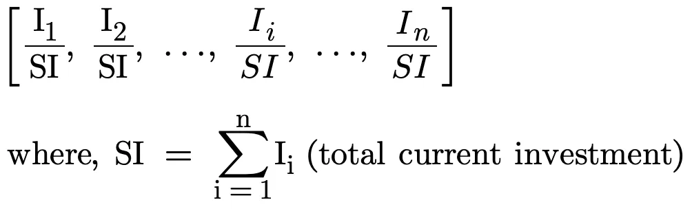 Current allocation ratios I1/SI, I2/SI, …, In/SI, where SI is the sum of all Ii (total current investment)
