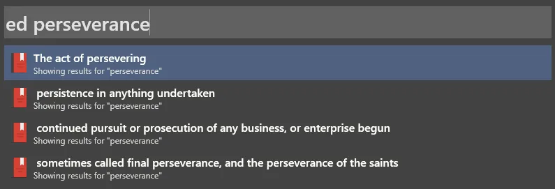 Wox launcher showing Easy Dictionary definitions for the query “ed perseverance”