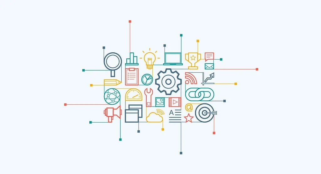 Line-art illustration of interconnected icons representing data structures
