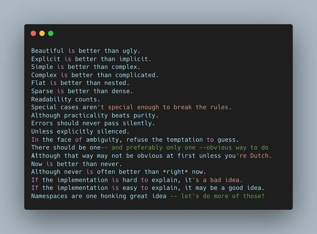 The Zen of Python (PEP 20) shown in a code editor window