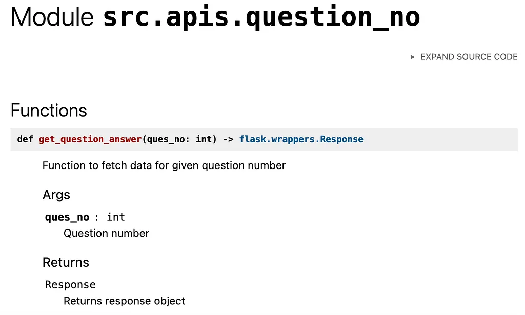 pdoc documentation page for module src.apis.question_no, showing the get_question_answer function, its arguments, and return type
