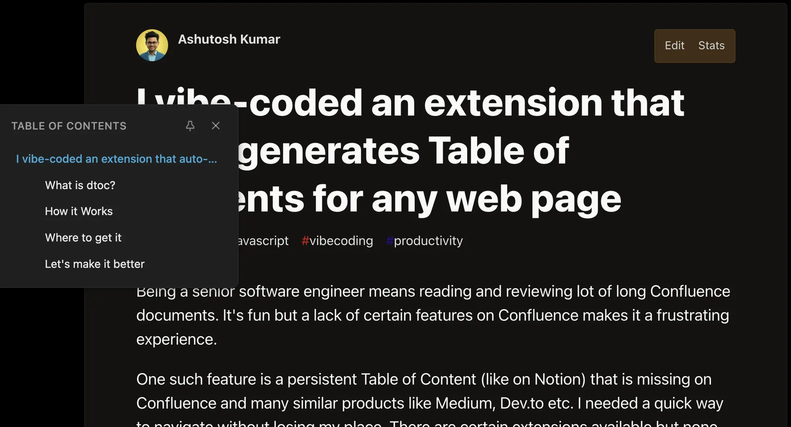 Screenshot showing dtoc on Dev.to on current article