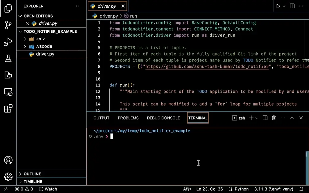 Animated demo of running TODO Notifier from driver.py in VS Code
